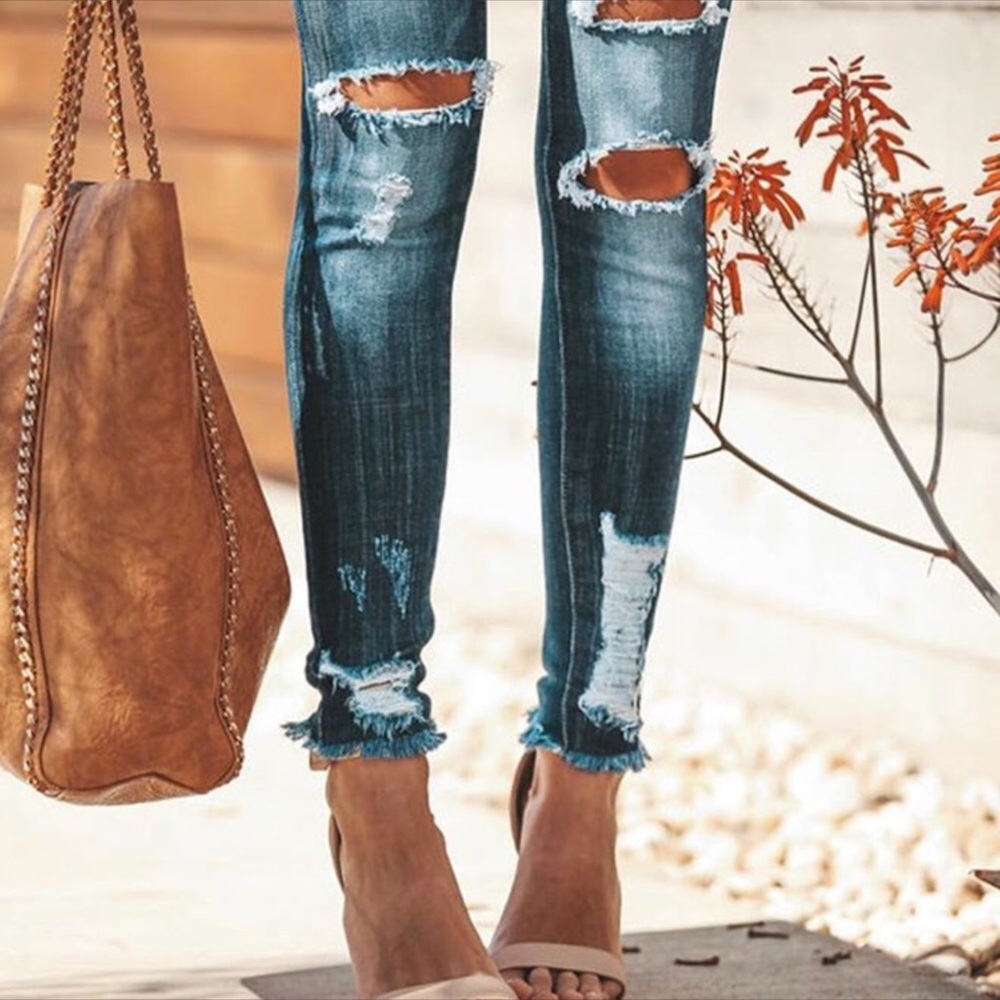 Distressed Denim Ankle Skinny Dark Wash Jeans - Picture 5 of 8